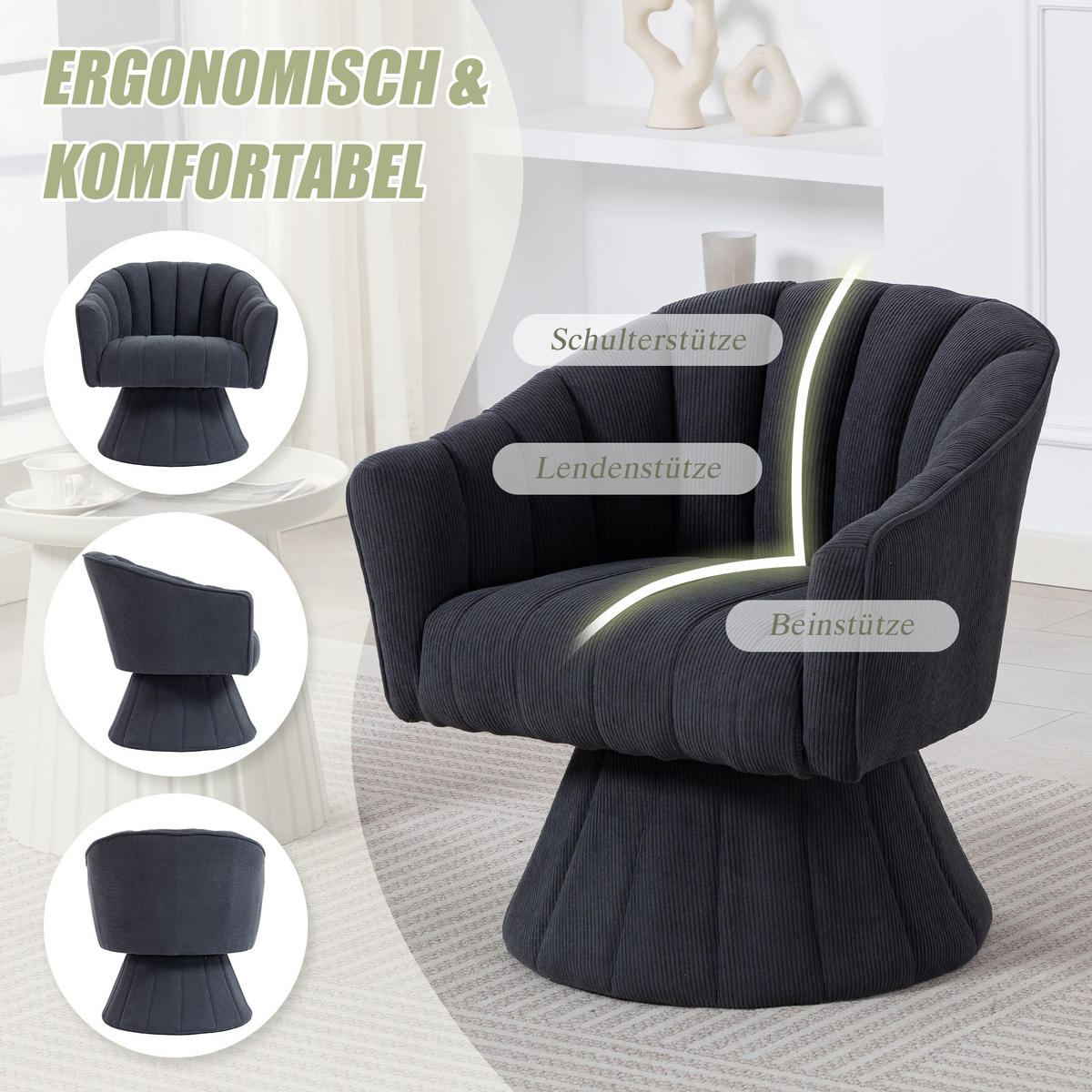 DREHSTUHL Cord Dunkelgrau drehbar - Dunkelgrau, Holzwerkstoff/Textil (70/72/66cm) - WISHDOR