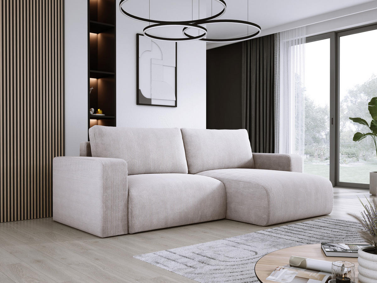 ECKSOFA Carl L-förmig Schlaffunktion und Bettkasten weicher Cordstoff flexibel stellbar lose Rückenkissen freistehend RECHTS 247x143x83cm Greige - Greige, Holz/Textil (247/143cm) - DomoHome