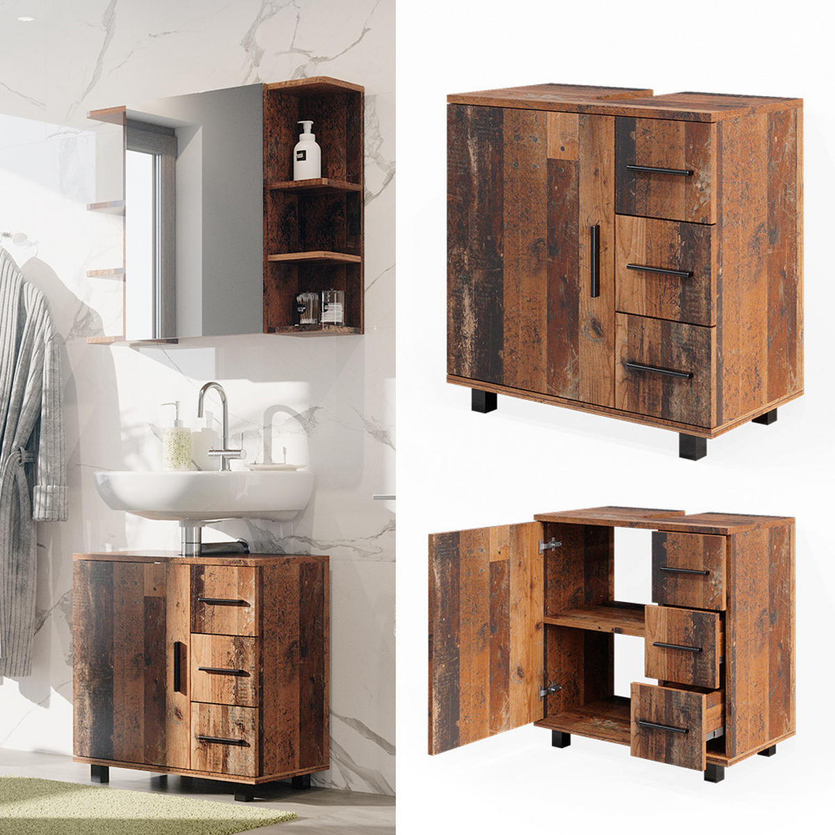 WASCHBECKENUNTERSCHRANK Ilias Eiche rustikal 60 x 60 cm mit Tür und 3 Schubladen - Wildeiche, Holzwerkstoff (60/60.8/33cm) - Vicco