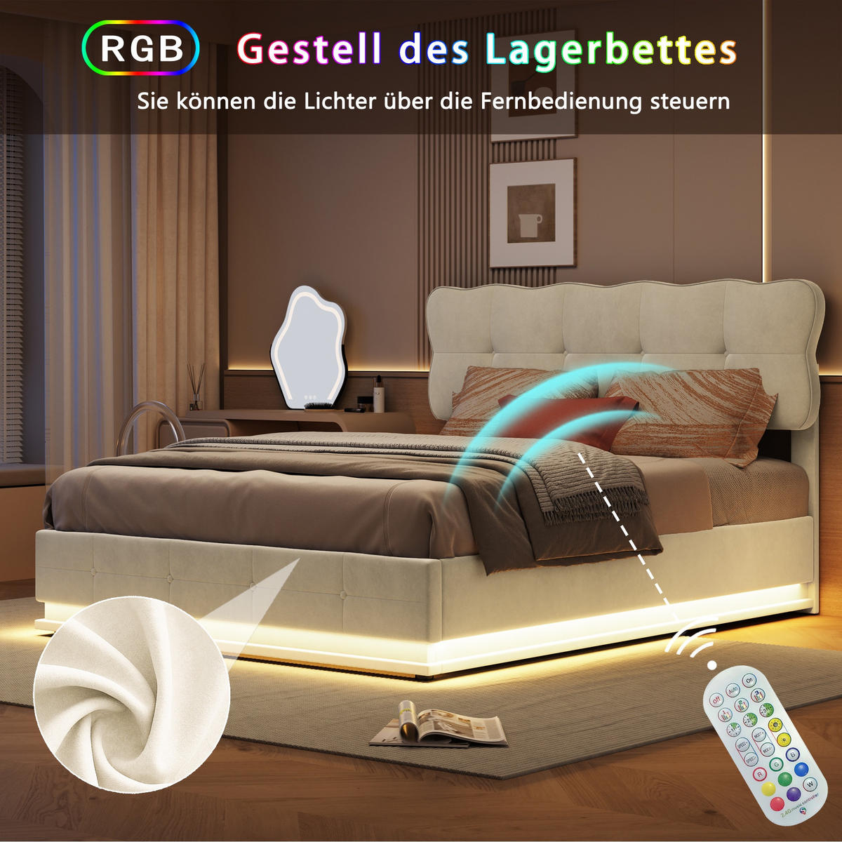 POLSTERBETT 140/200cm, mit LED, hydraulischem Stauraum, Lattenrost, gepolstertem Bett aus Samt, Beige - Beige, Holzwerkstoff (140/200cm) - Brevoria