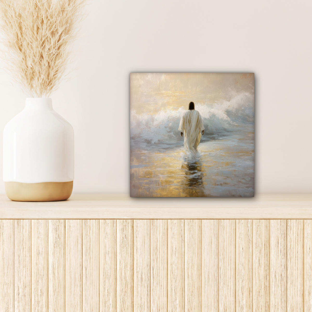 LEINWANDBILD Gemälde - Welle - Jesus - Abstrakt Deko Wohnzimmer 20x20 cm - Goldfarben, Textil (20/20cm) - MuchoWow