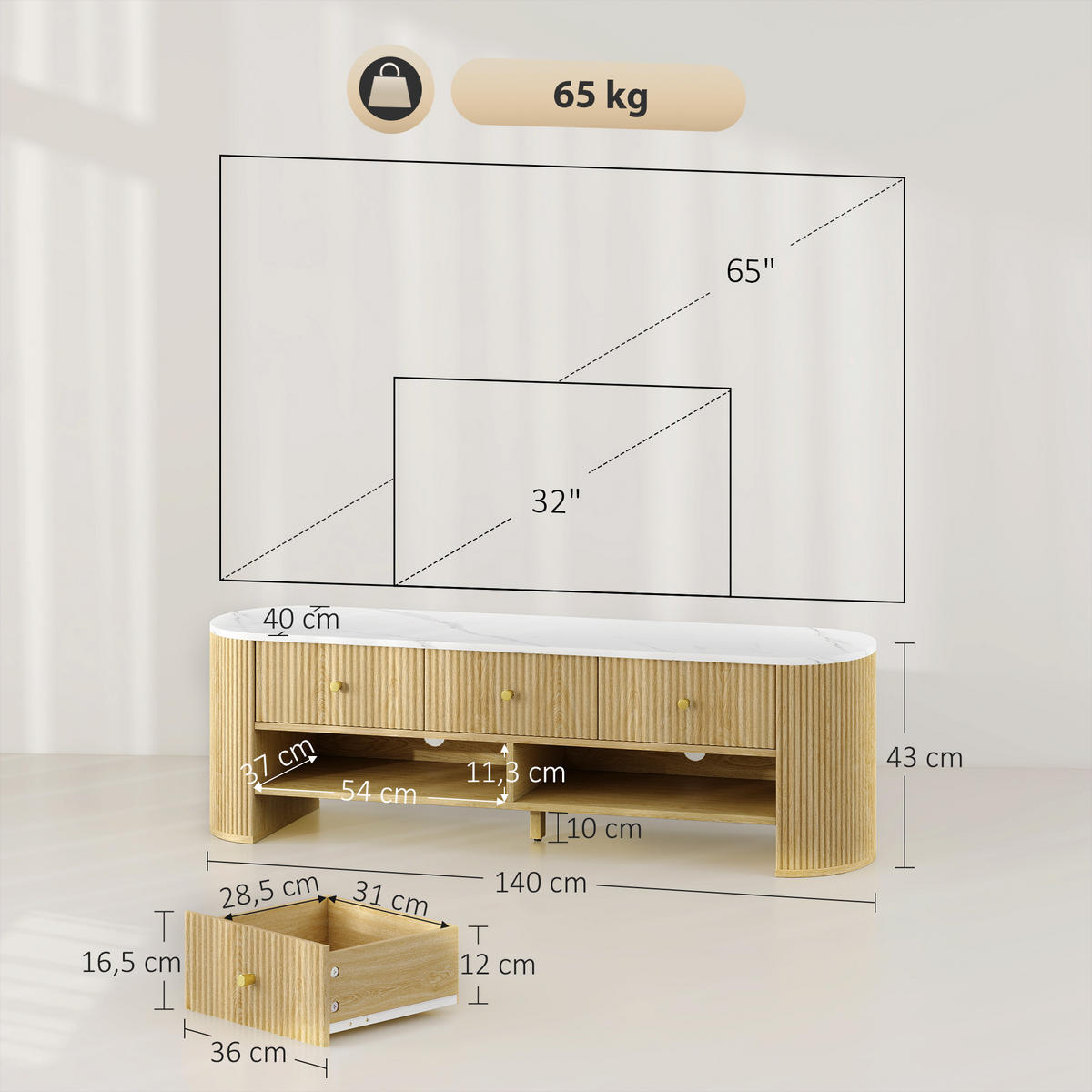 LOWBOARD Weiß/Natur 140/40/43 cm, Marmor-Optik, 3 Schubladen, Kabelmanagement - Naturfarben, Holzwerkstoff (140/43/40cm) - PANGIVO
