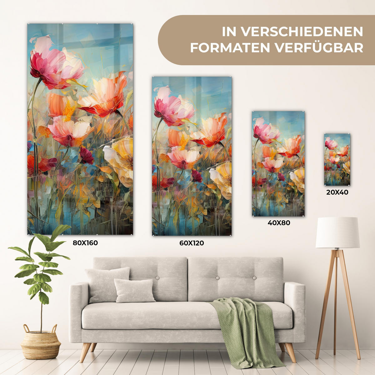 ACRYLGLASBILD Blumen - Aquarell - Kunst - Botanisch - Natur 60x120 cm - Orange, Glas (60/120cm) - MuchoWow