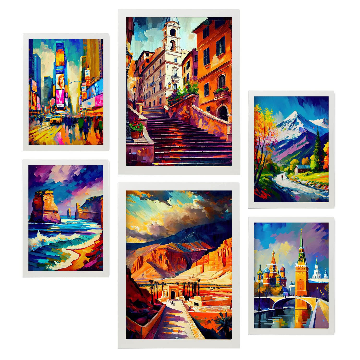 POSTER Set Mit 6 Warm Im Ölgemälde Stil A3 & A4 Weißer Rahmen - Weiß, Papier (29/3cm) - Nacnic