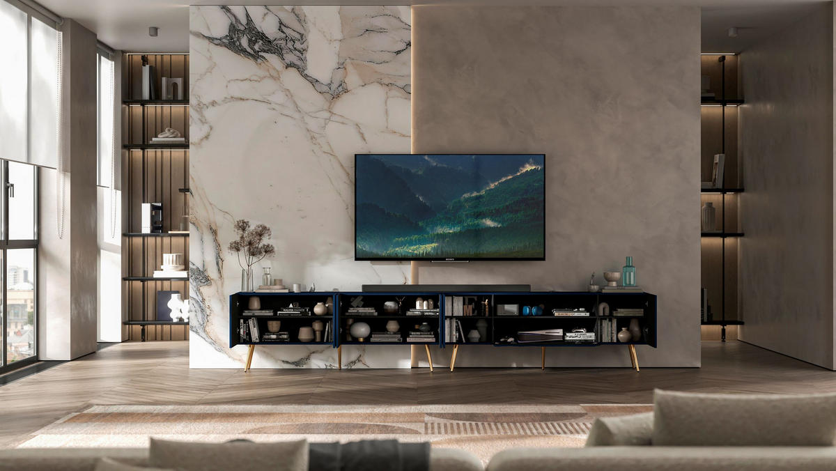TV-LOWBOARD 2er-Set Elpis2 Marineblau mit goldenen Metallbeinen150 cm - Blau/Goldfarben, Holzwerkstoff (300/60.5/36.5cm) - Meble Lindner