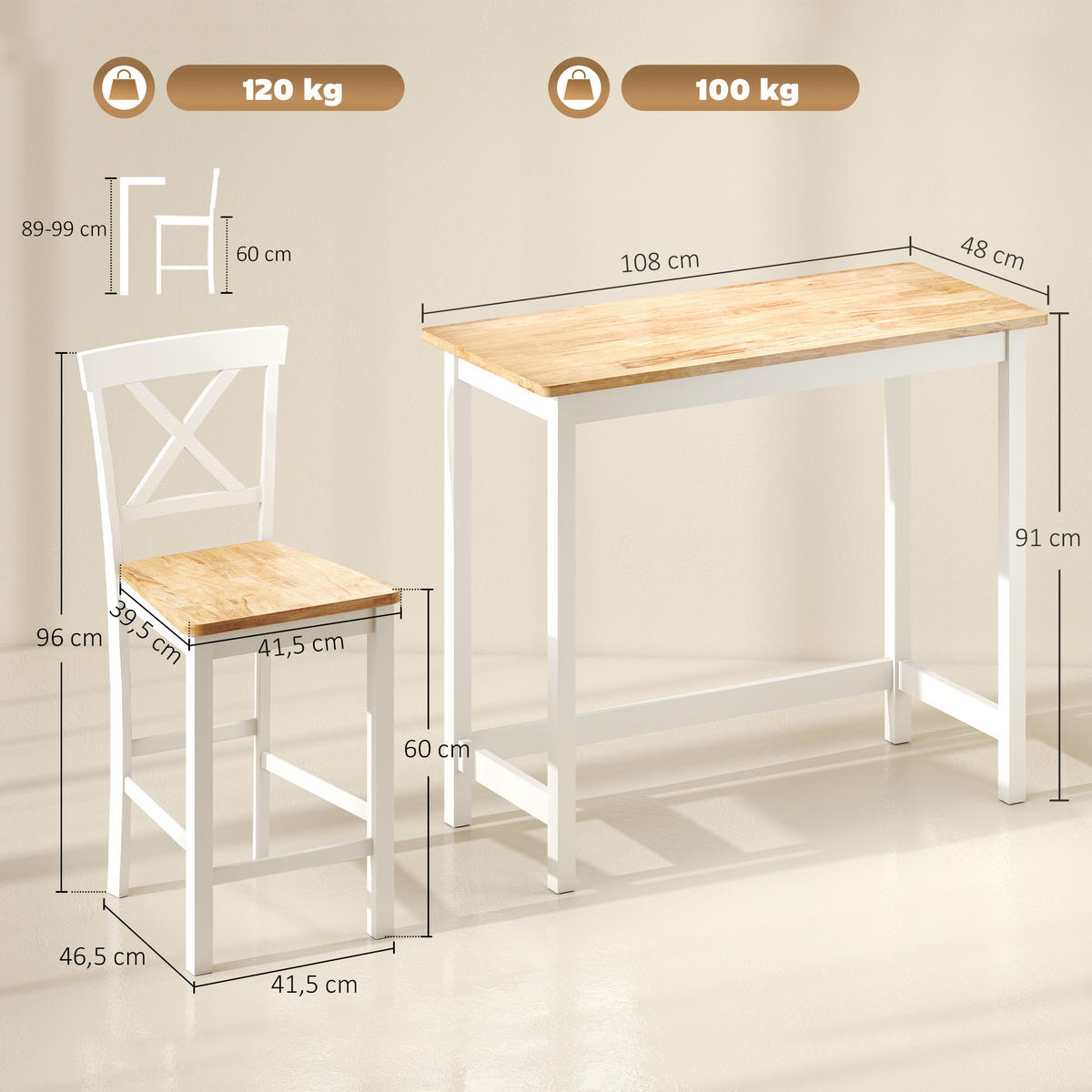 BARTISCH und Barhocker-Set 3tlg. mit Holzoptik - Eichefarben/Weiß, Holz (48/91/108cm) - HOMCOM