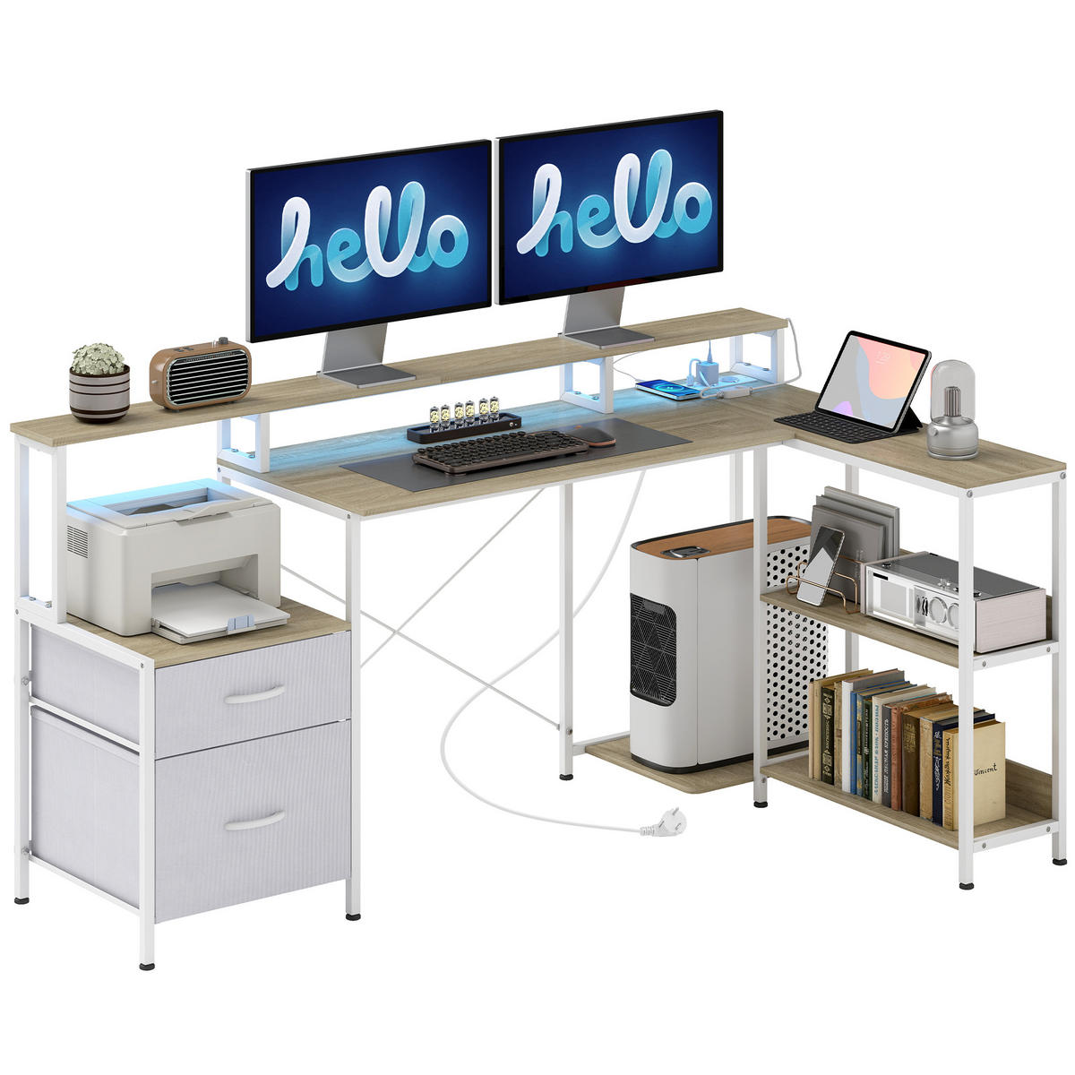 ECKSCHREIBTISCH Weiß mit LED-Beleuchtung Steckdosen und Schubladen 172/100/89 cm - Weiß, Metall (100/172/89cm) - PANGIVO