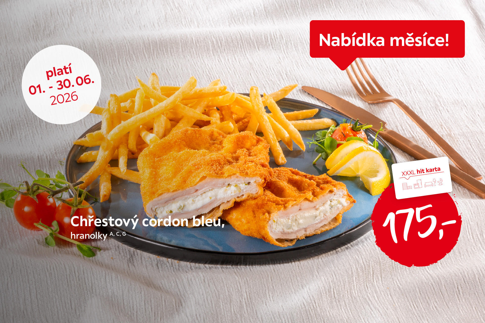 Chřestový cordon bleu, hranolky. 175 Kč, Platí 1.-30.6. 2026