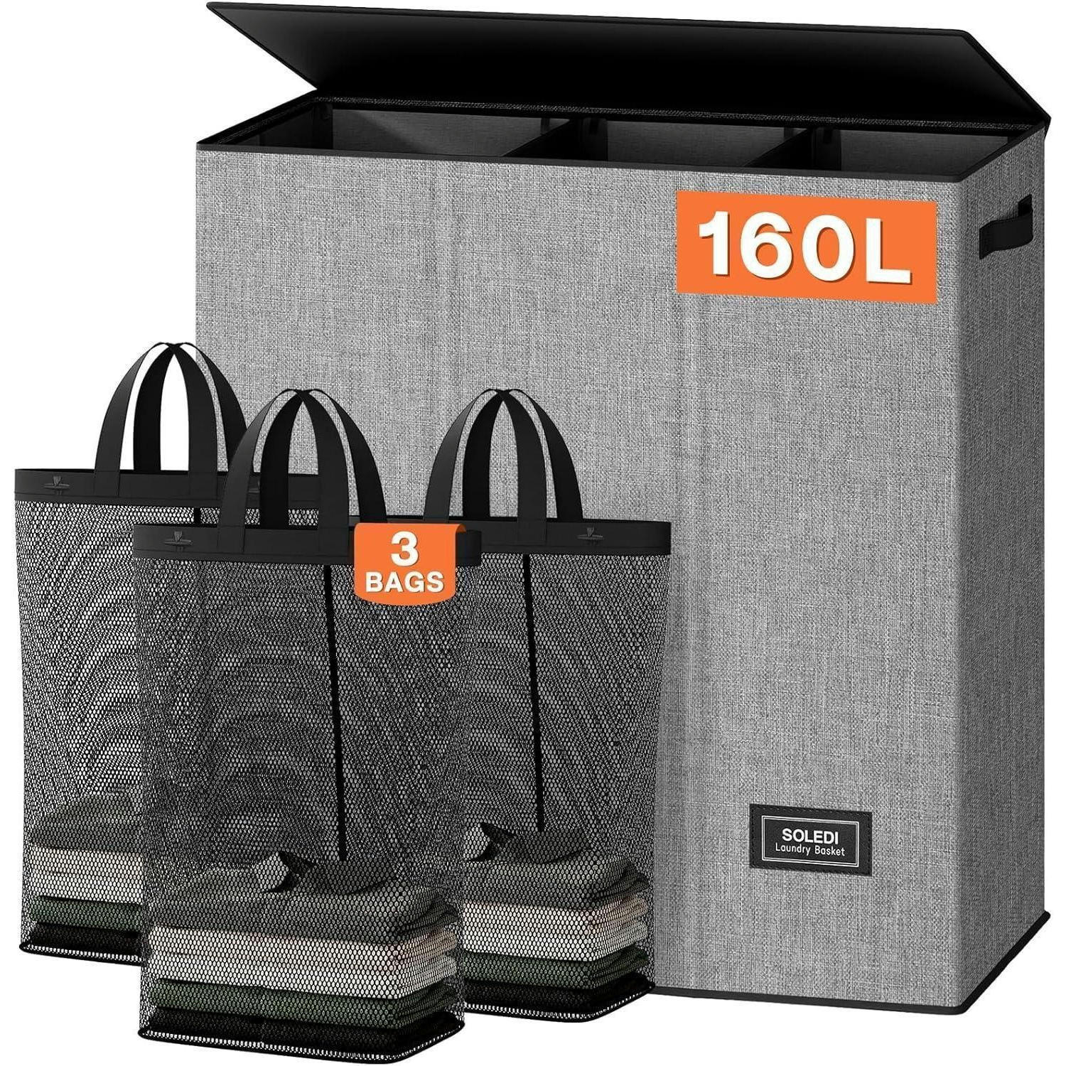 WÄSCHEKORB 160L mit Deckel und 3 Wäschesäcken Grau - Grau, Textil (36/70/63.5cm)