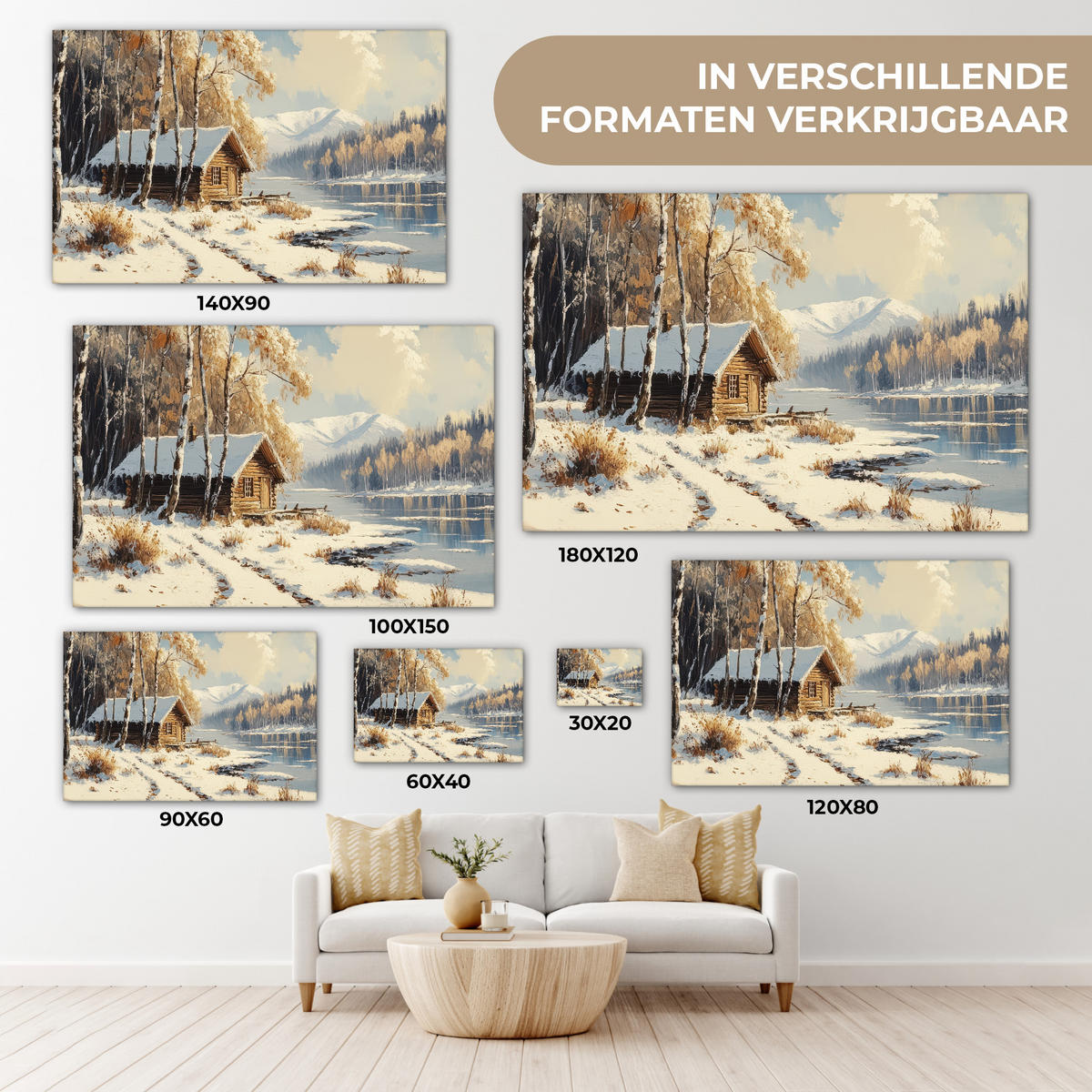 LEINWANDBILD Winter - Schnee - Zuhause - Natur Wohnzimmer Groß 120x80 cm - Hellbraun, Textil (120/80cm) - MuchoWow