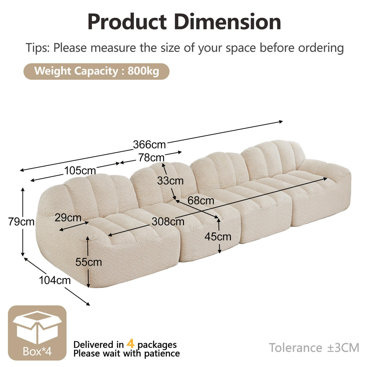 MODULARES 4-Sitzer-Sofa aus granuliertem Fleece mit ergonomischer Muschelform Beige-Weiß - Beige, Textil (104/79/366cm) - Modenvie