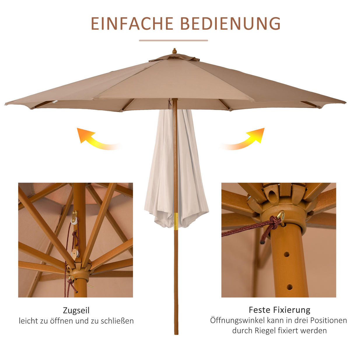 SONNENSCHIRM, Bambus, Polyester, Khaki - Braun, Naturmaterialien/Holz (300/300cm) - Outsunny