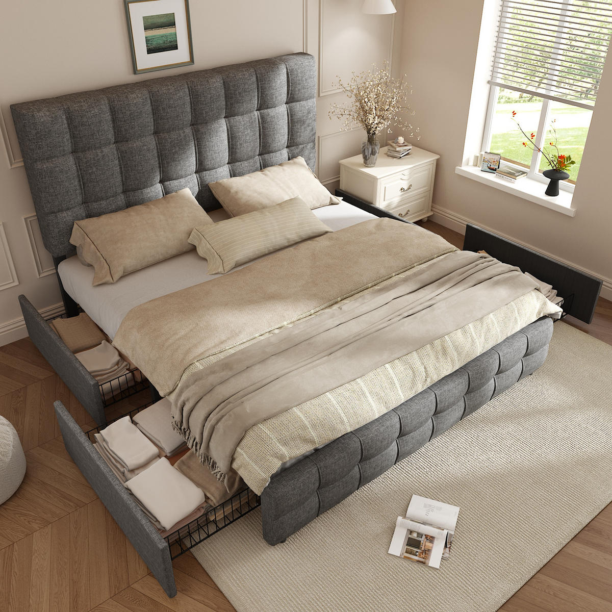POLSTERBETT 140x200 Grau Leinen 4 Schubladen - Grau, Naturmaterialen (140/200cm) - FLIEKS