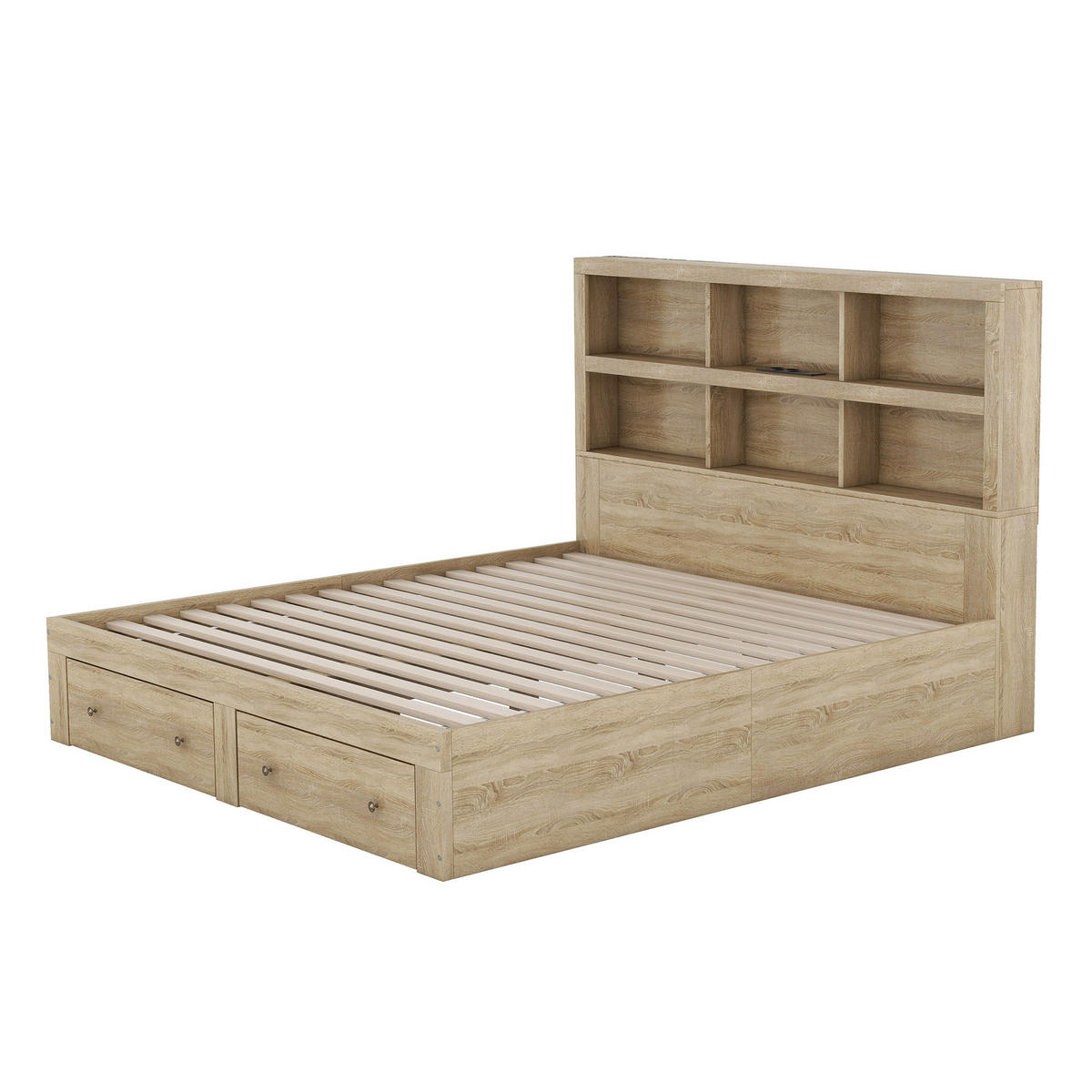 DOPPELBETT 160/200 cm Natur Kingsize-Plattformbett mit Stauraum und USB-Ladeanschluss - Naturfarben, Holzwerkstoff (160/200cm) - OKWISH