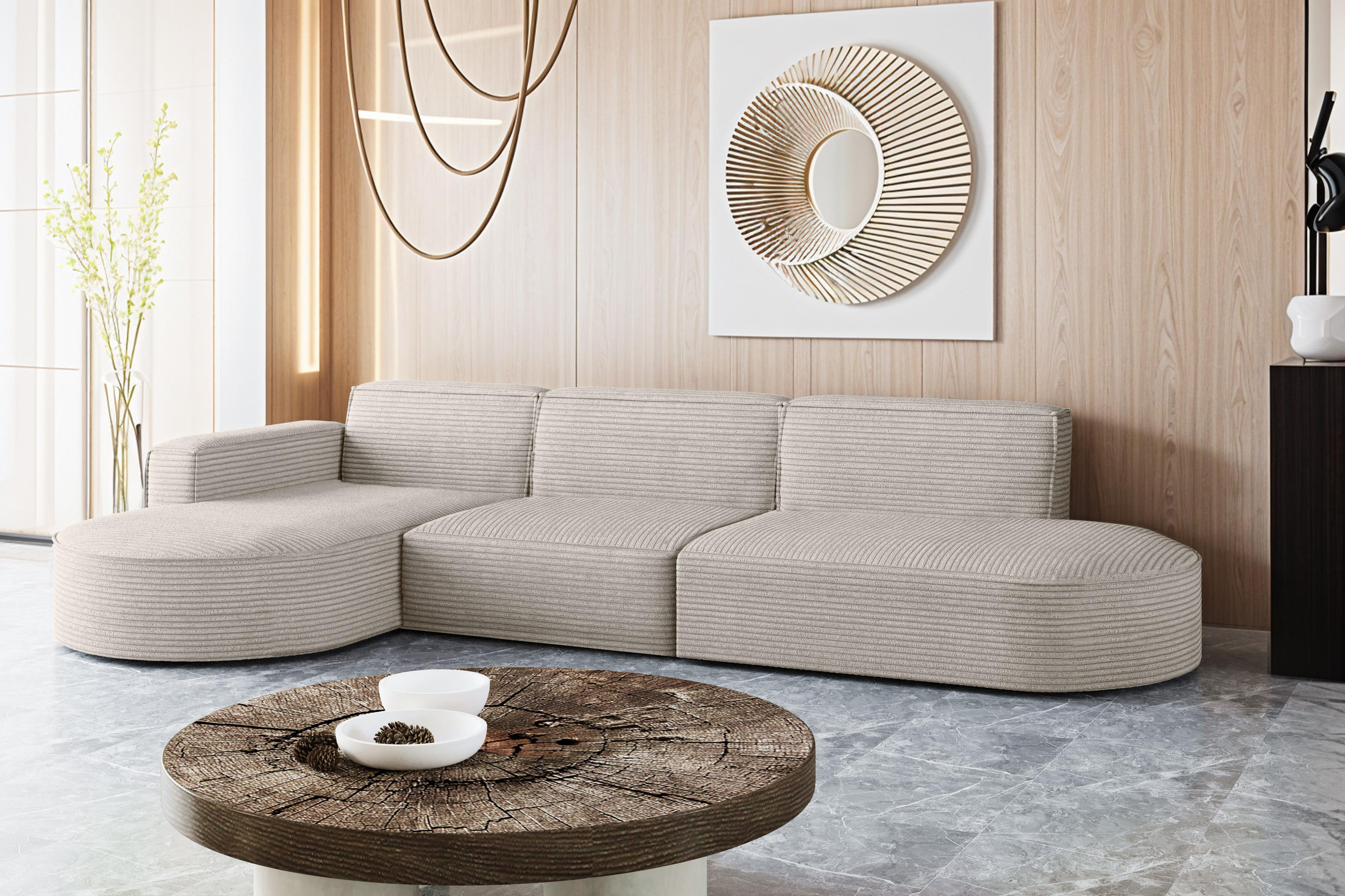 ECKSOFA Designer, Sofa L form MODENA 302 cm stoff Poso Beige Links - Beige, Holz (302/296cm) - Kaiser Möbel