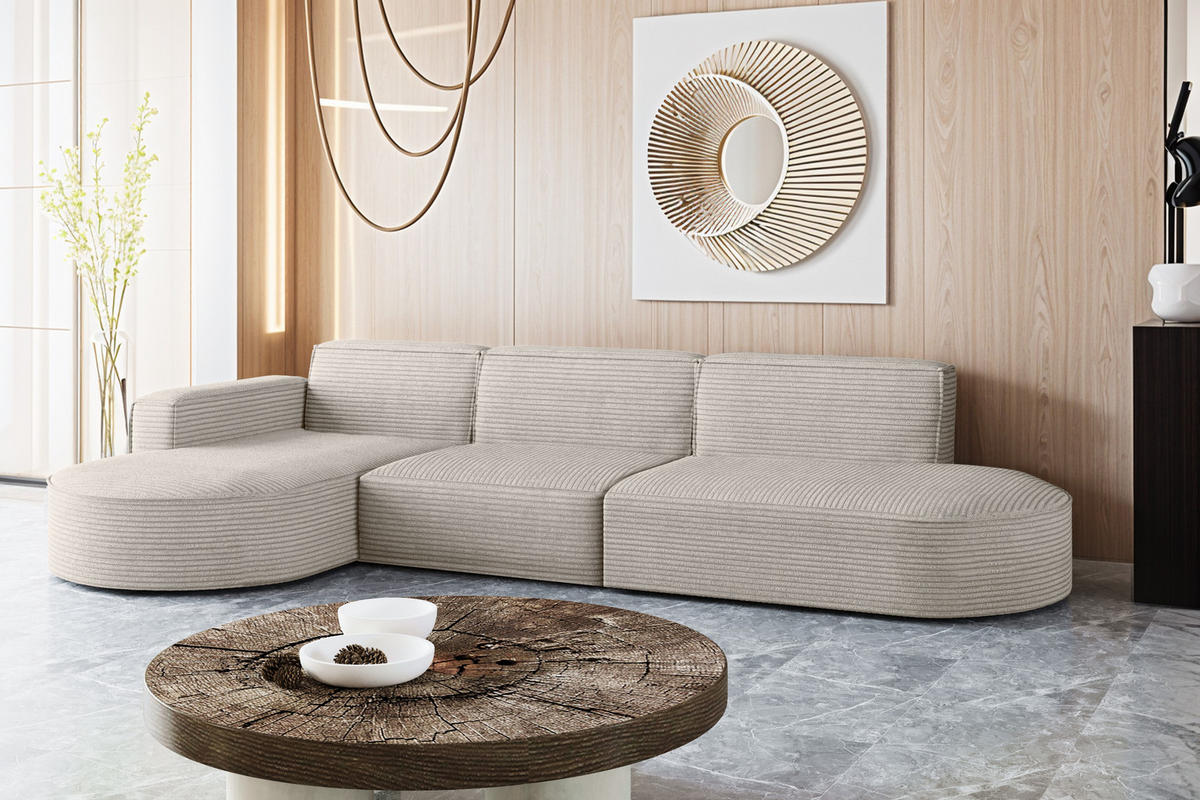 ECKSOFA Designer, Sofa L form MODENA 302 cm stoff Poso Beige Links - Beige, Holz (302/296cm) - Kaiser Möbel