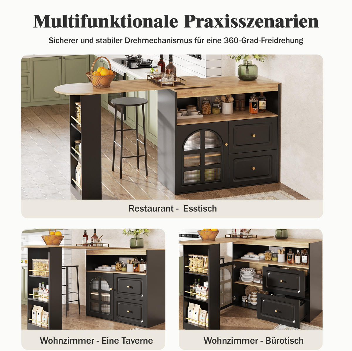 BARTISCH, MDF mit Drehfunktion & Auszug, 138-204/39/104 cm, Schwarz - Schwarz, Holzwerkstoff (39/104/138cm) - Redom