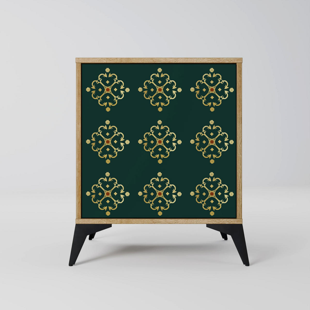 SIDEBOARD ROYAL MEDALLION, Eichefarben, 57,5x42x70,5 cm, Schwarze Metall-Sternfüße - Eichefarben/Multicolor, Holzwerkstoff/Metall (57.5/70.5/42cm) - SpaceRebels