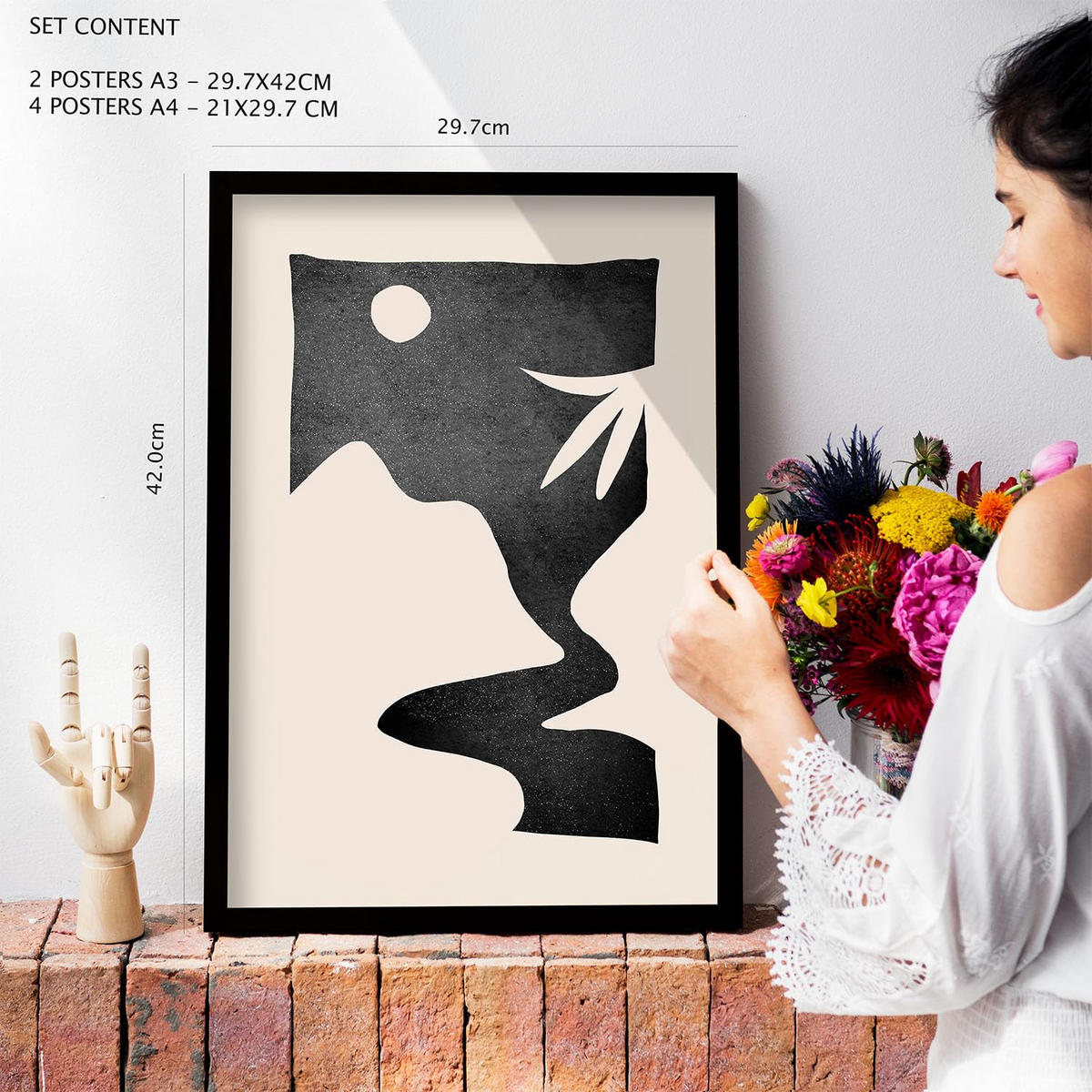 POSTER Set Mit 6 Mitternachtsmond Landschaft abstrakt Größe A3 & A4 Weißer Rahmen - Weiß, Papier (29.7/1cm) - Nacnic