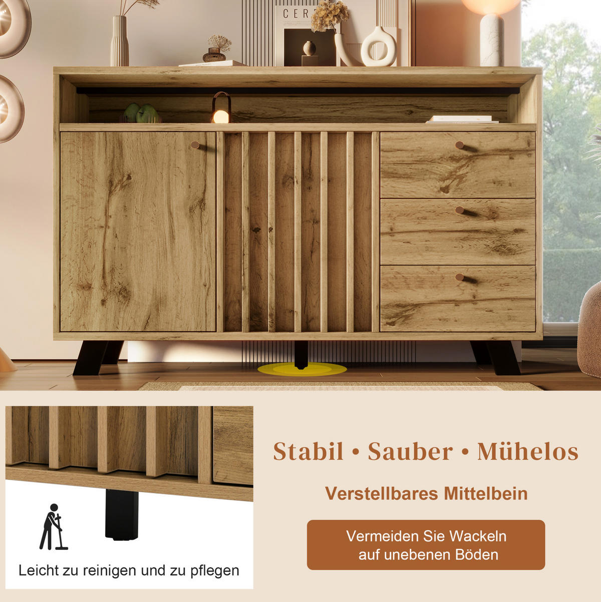 SIDEBOARD aus Holz 120x40x85 cm Dunkle Eiche mit 3 Schubladen, 2 Türen, offenem Fach und Lamellenfront - Braun, Holzwerkstoff (120/85/40cm) - Modfu