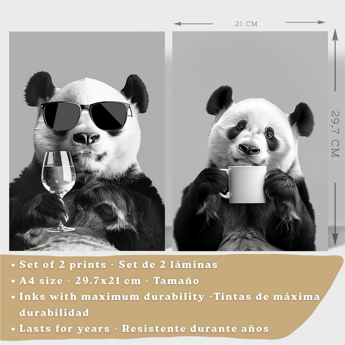 PLAKAT Sada 2 Panda Bears A4 bez rámu - čirá, papír (29.7/1/21cm) - Nacnic