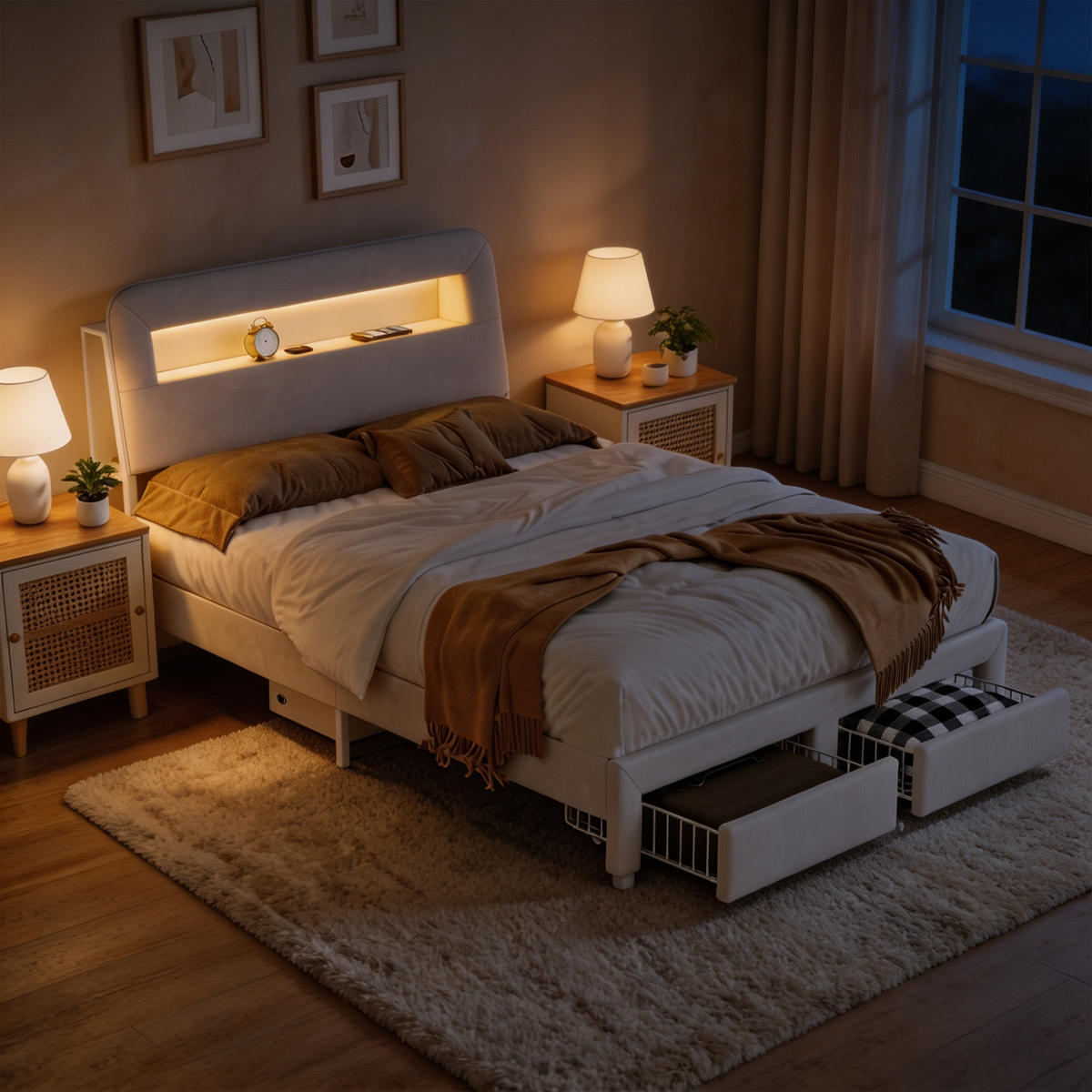 POLSTERBETT 140x200 cm, USB und LED, mit 2 Schubladen, Doppelbettrahmen 140x200 cm, Samt in Cremeweiß - Beige, Holzwerkstoff/Textil (140/200cm) - GENKI LIVING