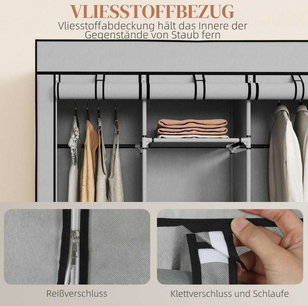 KLEIDERSCHRANK 125/162,5/43 cm Hellgrau aus Stoff mit 8 Einlegeböden - Hellgrau, Textil (43/162.5/125cm) - OKMYHOME