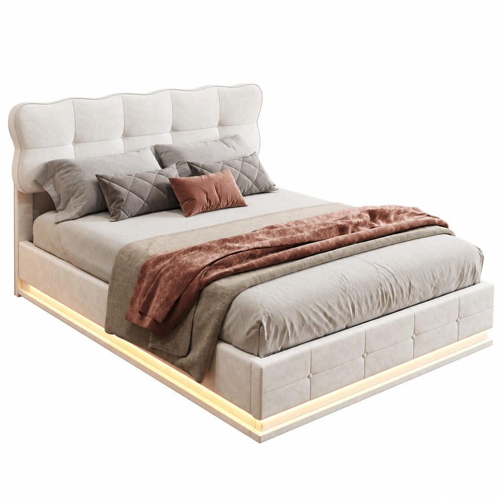 POLSTERBETT 140/200 cm mit LED-Beleuchtung und Stauraum – modernes Design - Beige/Naturfarben, Holz/Textil (140/200cm) - FURNISHINGS HOME