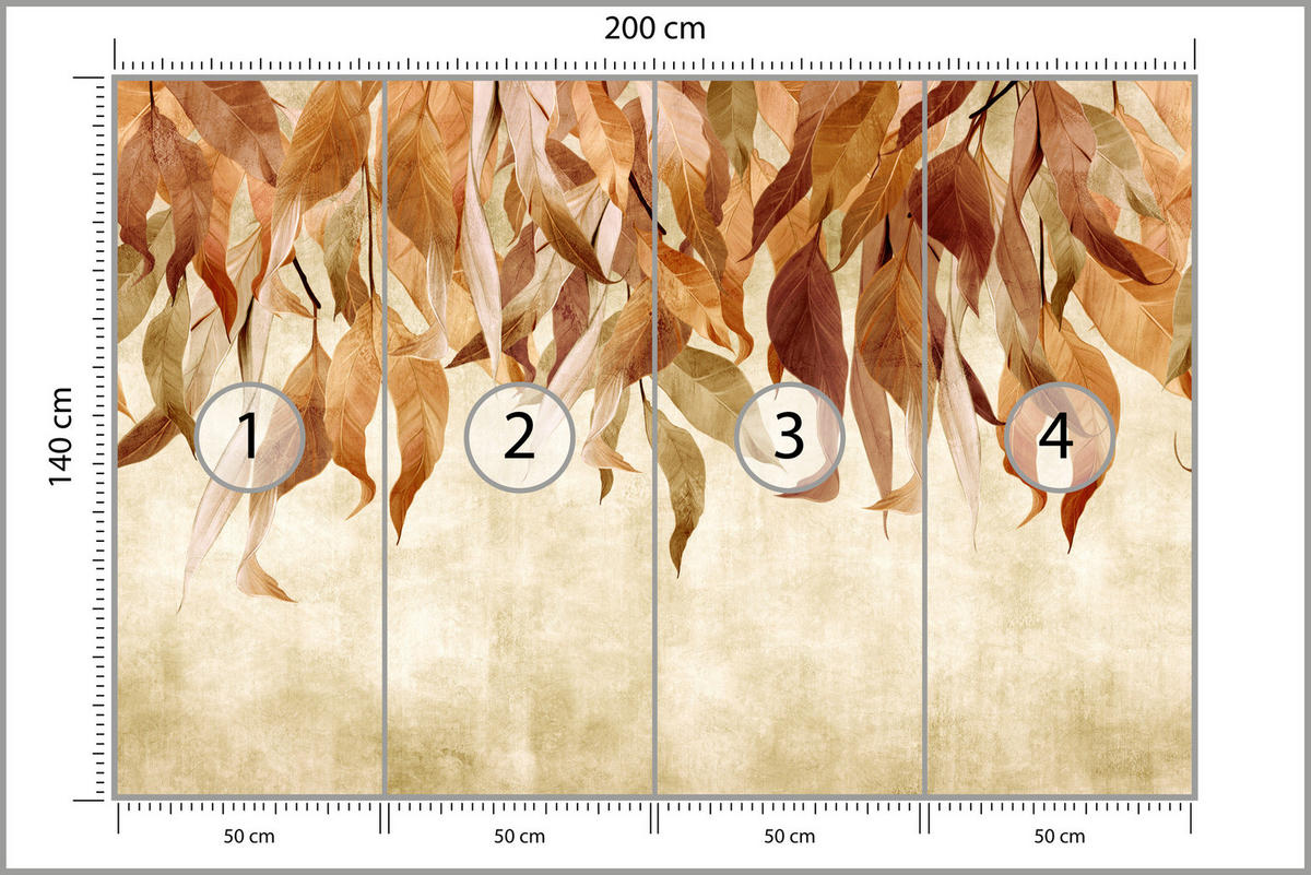 FOTOTAPETE Blätter Pflanzen Natur für Wohnzimmer 200x140 - Beige/Rot, Papier (200/140cm) - Muralo