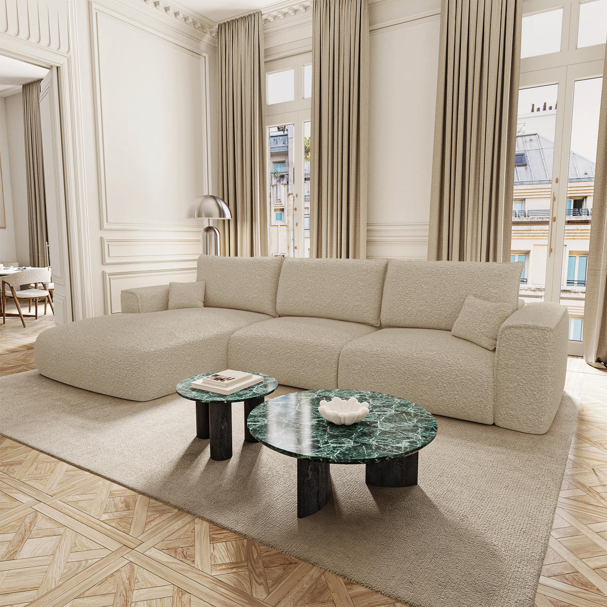 LINKSECK-SCHLAFSOFA mit Stauraum COMO Frottee Beige 297cm - Beige, Textil (297/167cm) - Premium Interiors