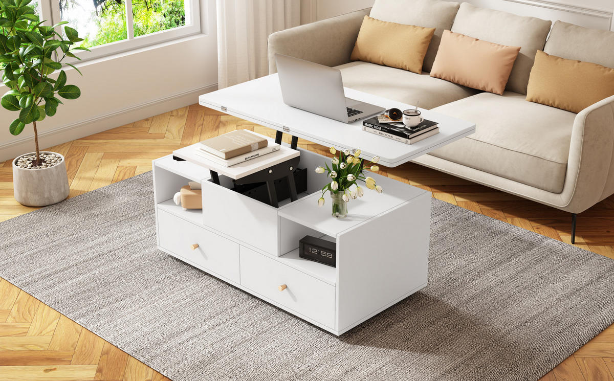 COUCHTISCH höhenverstellbar, klappbar mit 4 Schubladen, MDF, 100/50/47,5–62 cm, Weiß - Weiß, Holzwerkstoff (100/50/47.5cm) - Redom