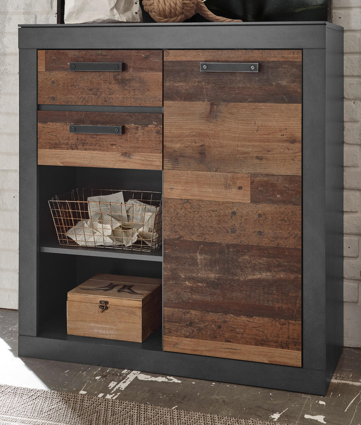 KOMMODE Old Used Wood Shabby Design mit grau, Anrichte, 92 x 104 cm - Braun/Grau, Holzwerkstoff/Kunststoff (92/104/40cm) - Furn.Design
