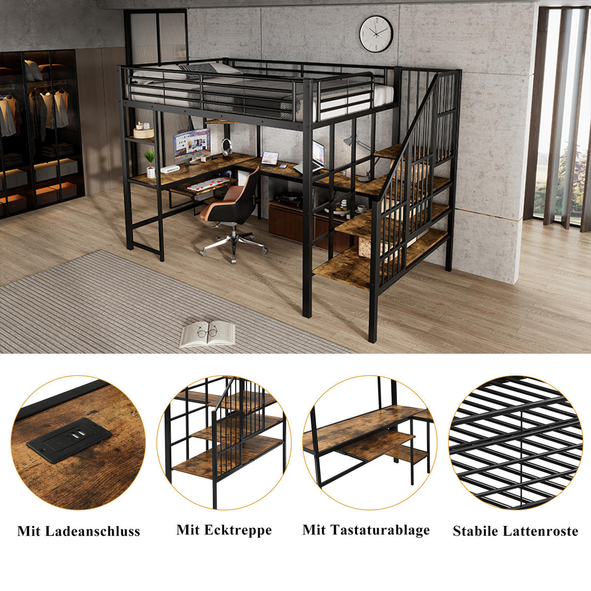 HOCHBETT 120/200 cm in Schwarz & Dunkelwalnuss mit Ladeanschluss, Ecktreppe und Schreibtisch Metall & MDF Design - Schwarz, Metall (120/200cm) - STILVORA