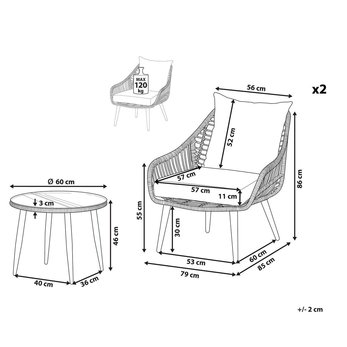BALKONSET 2-Sitzer Rattan hellgrau Auflagen grau Laureto - Grau, Kunststoff/Textil - Beliani