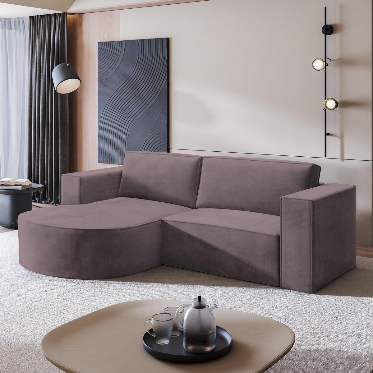 ECKSOFA SORELA M L-S Lila Velours-Stoff mit Schlaffunktion - Lila, Holz (263/174cm) - MASSENO