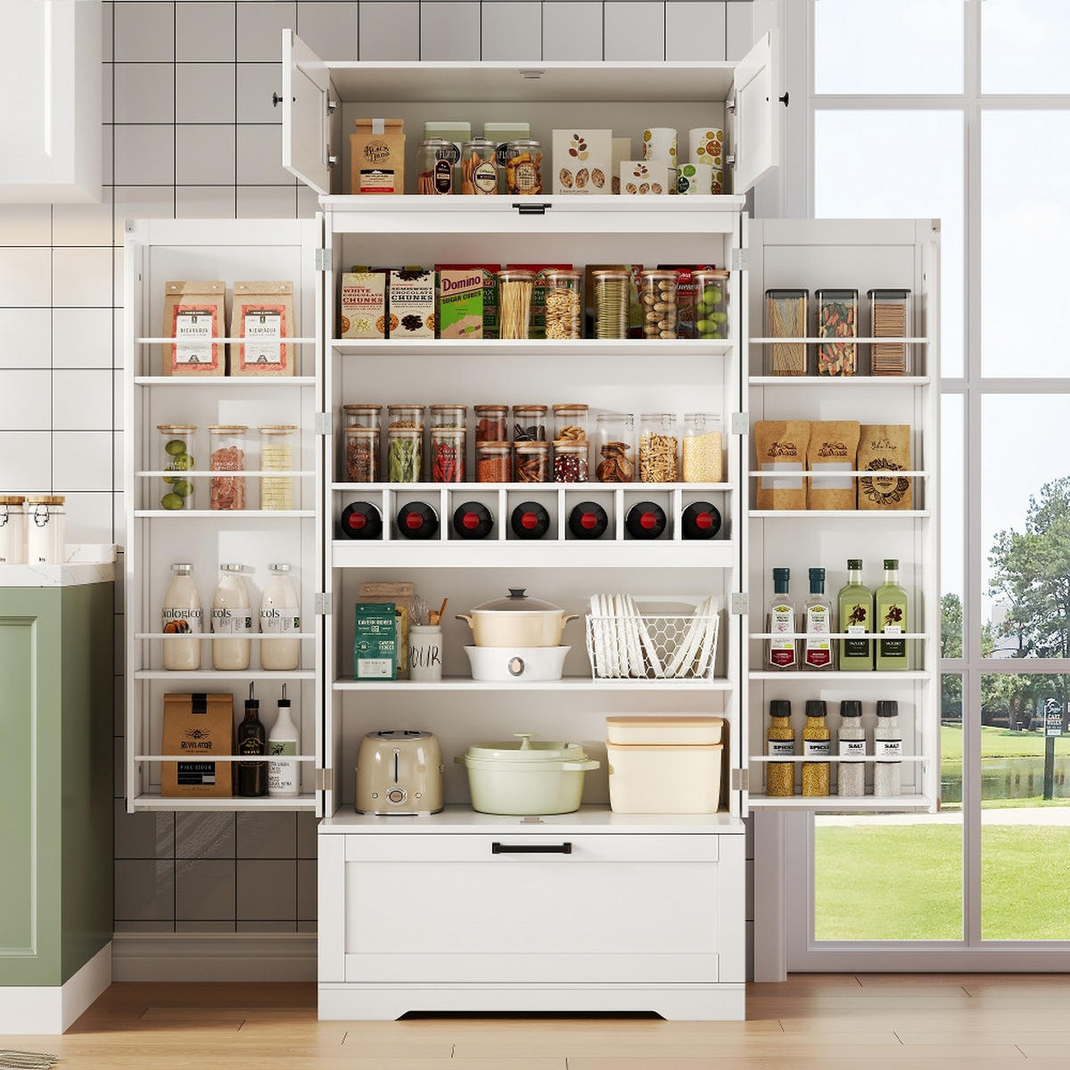 KÜCHENSCHRANK mit Weinregal und Schubladen, Holzimitat, Industrial Style, 80/180/40 cm - Weiß, Kunststoff (40/180/80cm) - Rolipo