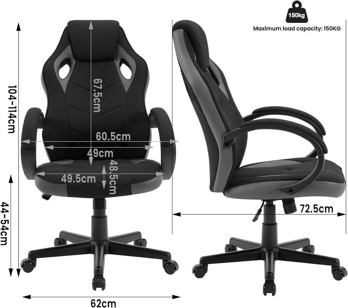 GAMINGSTUHL mit Kopfkissen, Mesh-Gewebe, Grau + Schwarz - Schwarz/Grau, Textil/Metall (62/104/72.5cm) - Woltu