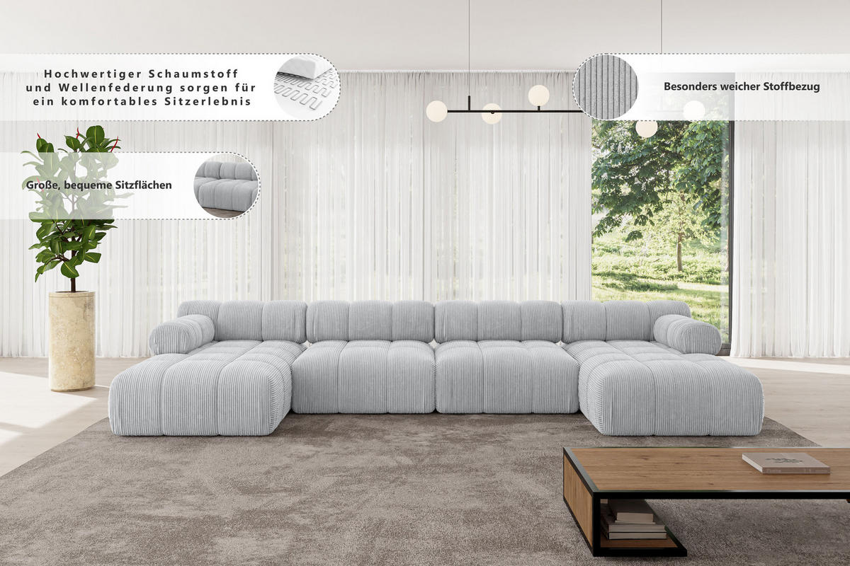 WOHNLANDSCHAFT modulares Sofa Tesso-U2 - 380x160x70 cm Dunkelgrau Cord - Dunkelgrau, Holzwerkstoff/Textil (380/70/160cm) - ALTDECOR