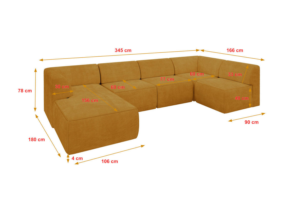 WOHNLANDSCHAFT Ottomane Links MOVO-L 345x180x78 cm Senffarbe Cord - Honig, Holzwerkstoff/Kunststoff (345/78/180cm) - ALTDECOR