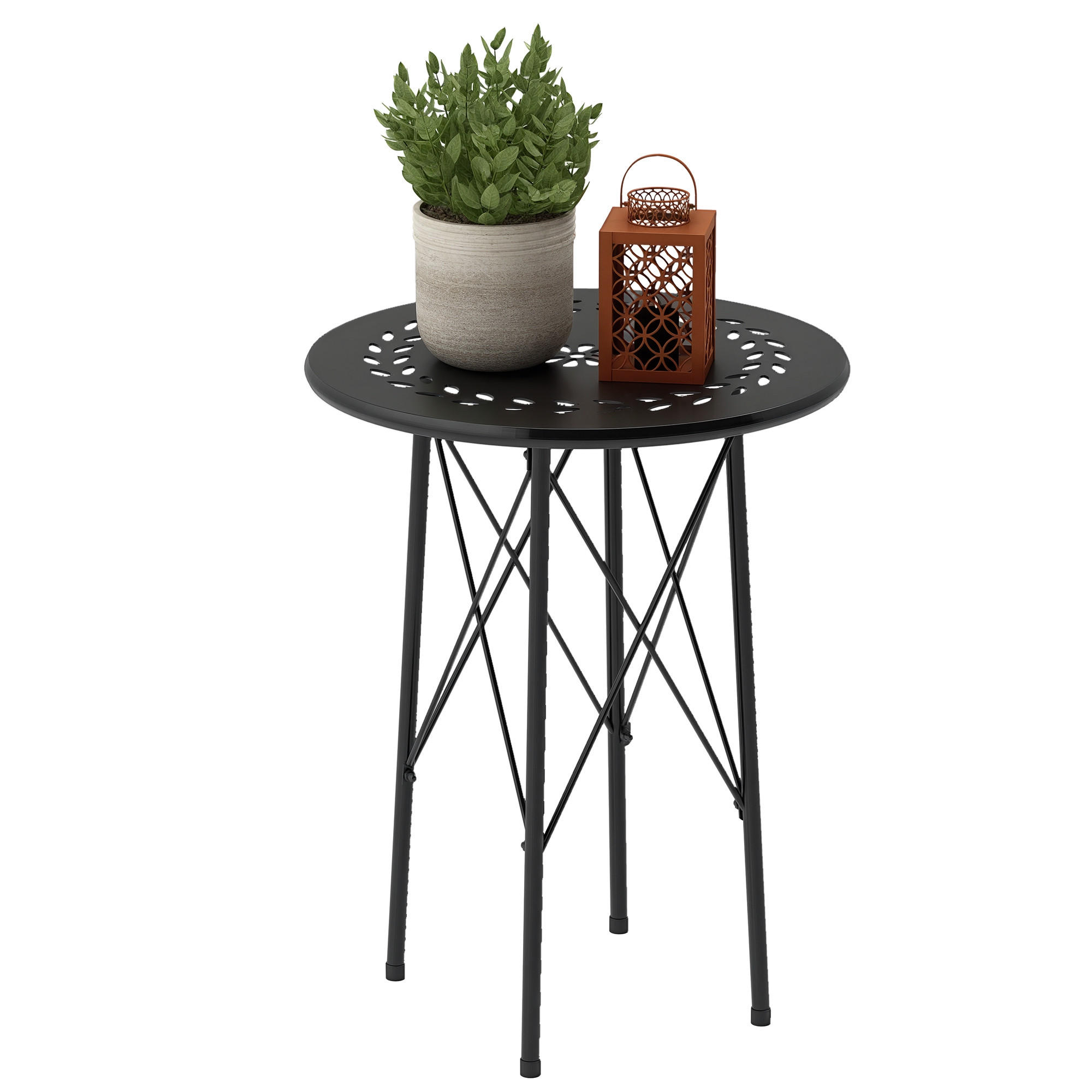 GARTENTISCH DE-07266 rund mit Blumenmuster, Stahl Schwarz - Schwarz, Metall (40/40/50cm) - ComfortXL