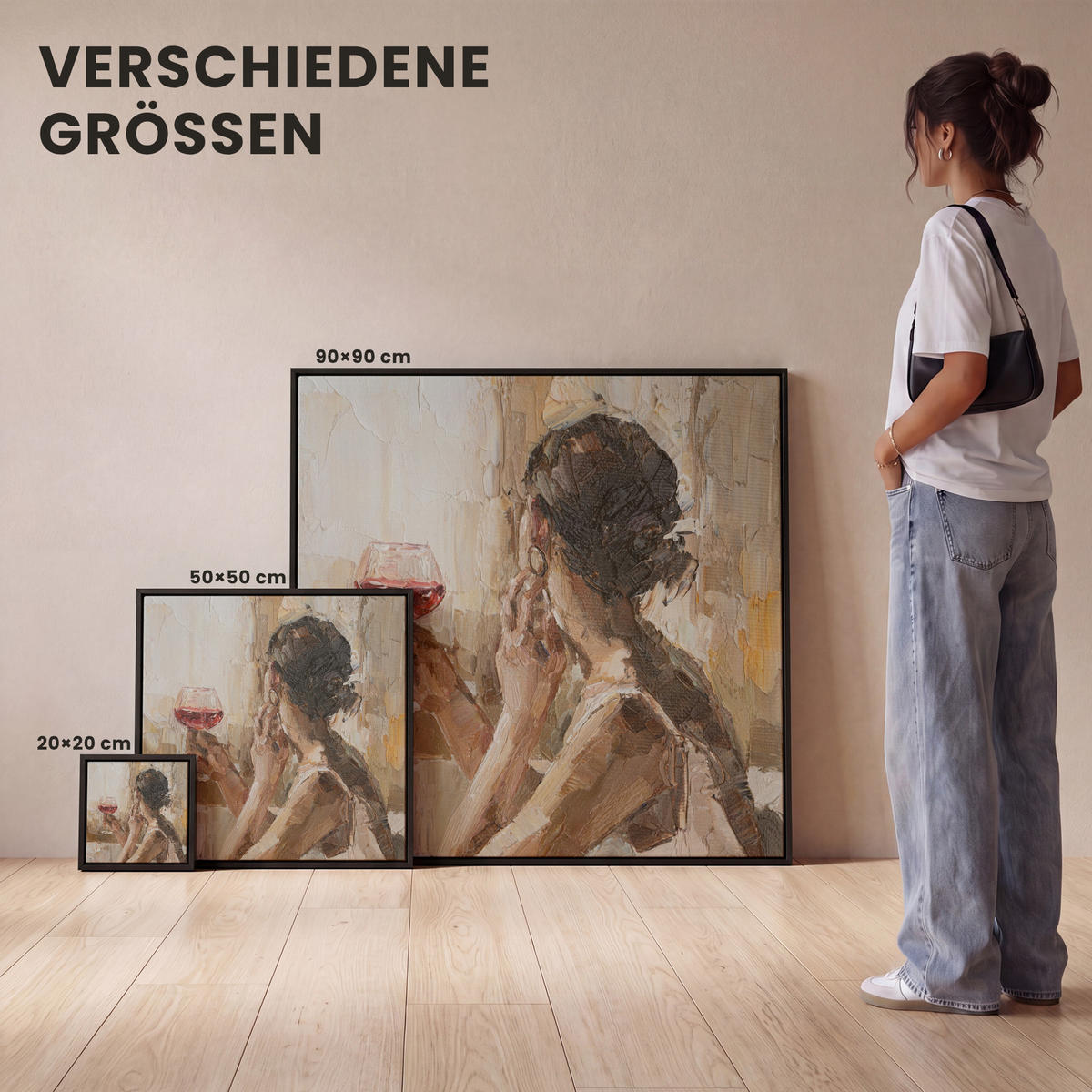LEINWAND Bilder mit Rahmen - Ölgemälde - Frau - Wein - 50x50 - Hellbraun, Textil (50/50cm) - MuchoWow