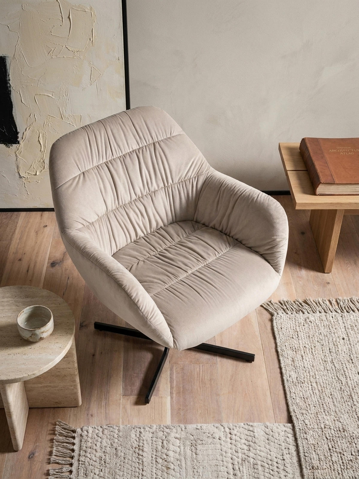 LOUNGESESSEL Samt mit Armlehnen und Metallgestell, gepolsterter Schalensitz, Beige 64x68x74 cm - Beige/Schwarz, Textil/Metall (64/74/68cm) - KADIMA DESIGN