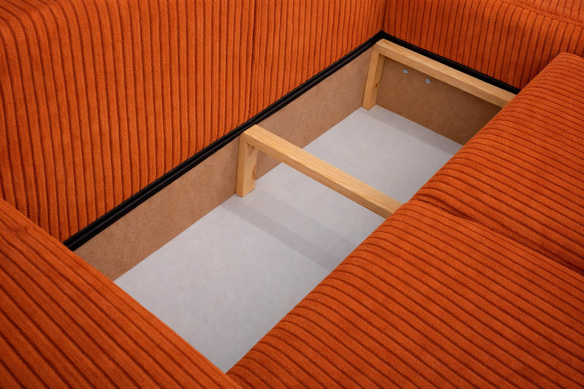 ECKSOFA Mit Schlaffunktion Und Bettkasten, Sofa L-Form Bingo L, Cordstoff Poso, Kupfer, Rechts - Orange, Holz (250/142cm) - Kaiser Möbel