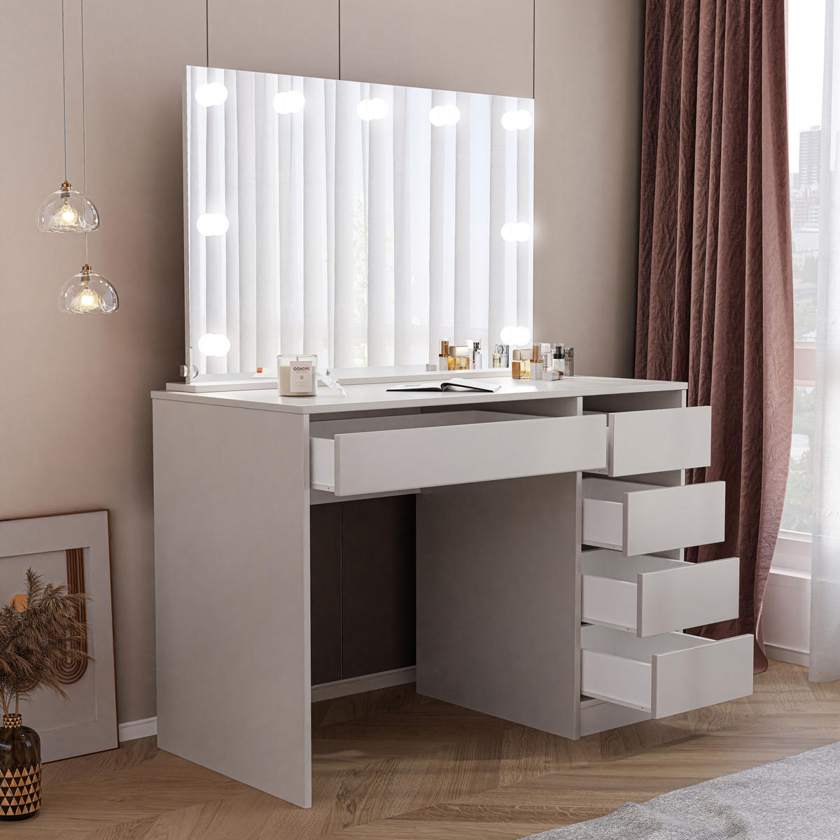 SCHMINKTISCH Bella Beige Cashmere 110 cm mit Spiegel und LED Beleuchtung - Kaschmir, Holzwerkstoff (110/77/55cm) - Idohome