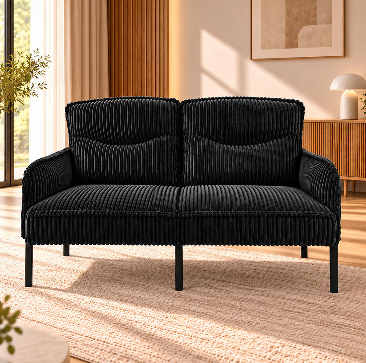 2-SITZER Sofa 122/73/83 cm Cordstoff mit Seitentaschen und Metallbeinen Schwarz - Schwarz, Textil/Metall (73/83/122cm) - Redom