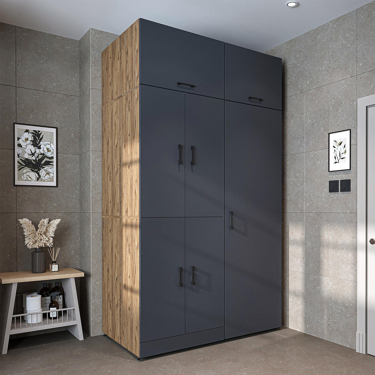WASCHMASCHINENSCHRANK DORA-I 130cm Breit, 230cm Hoch - Anthrazit, Holzwerkstoff (130/230/73.8cm)