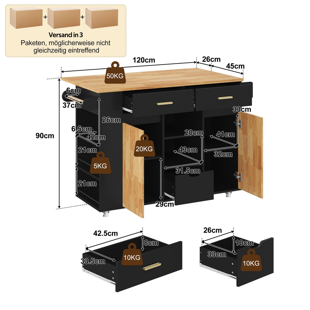 KÜCHENINSEL auf Rollen 120/71/90 cm Schwarz mit klappbarer Arbeitsplatte, 2 Schubladen und 3-stufigem Gewürzregal - Schwarz, Holz (71/90/120cm) - Oxeza