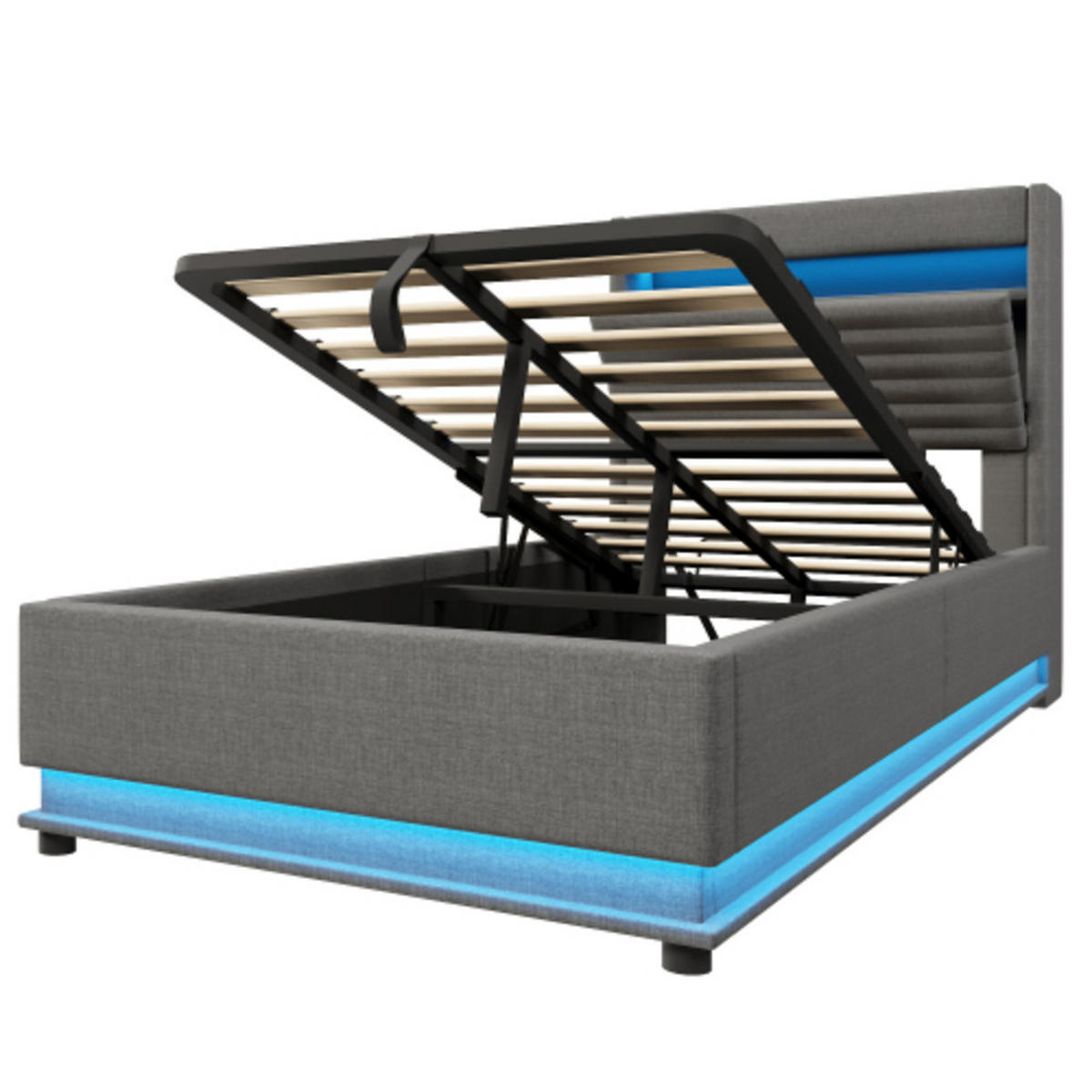POLSTERBETT grau 218×92,5×113 cm aus Leinen-Stoff mit Hydraulik-Stauraum, doppelte LED-Leisten - Grau, Textil (90/200cm) - Luhomfu