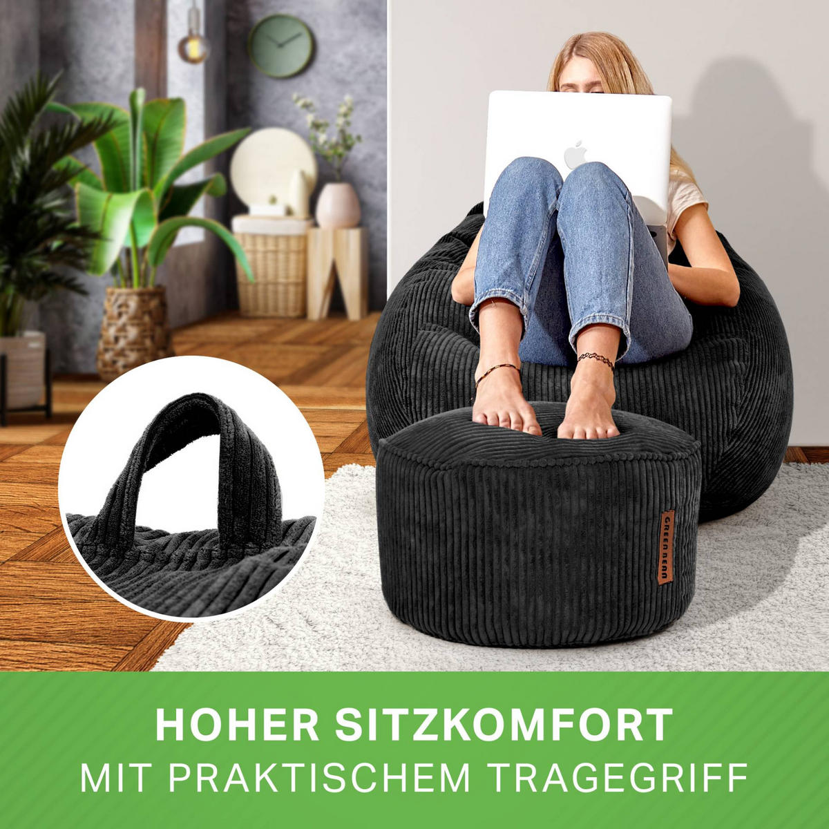 XXL-SITZSACK 2er Set + Pouf - Cordstoff - Schwarz, Textil (90/110/90cm) - Green Bean