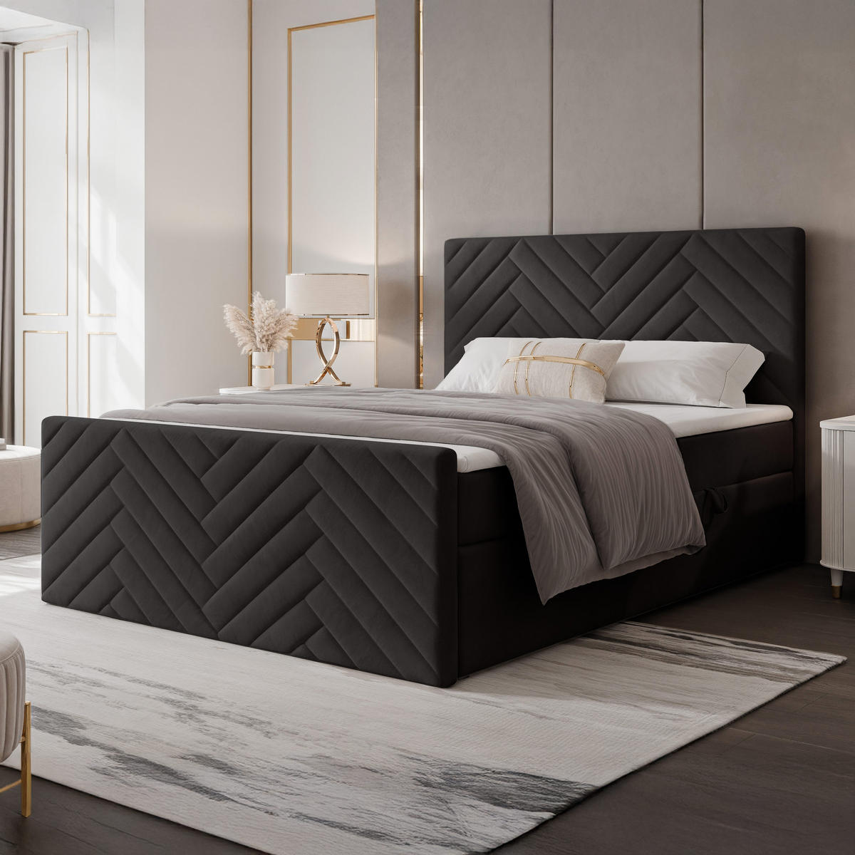 BOXBETT NEREA PLUS 200/200 cm mit Matratze und Topper, Schwarz - Schwarz, Holzwerkstoff/Textil (200/200cm) - Idohome